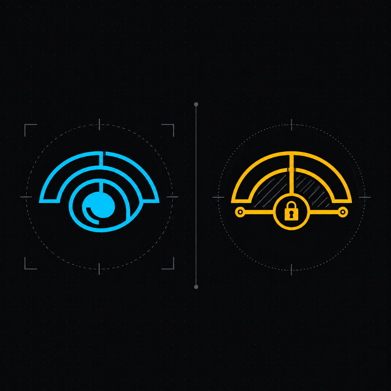 Read as an open cyan eye, write as an amber gated lock: two separate capabilities, granted separately.