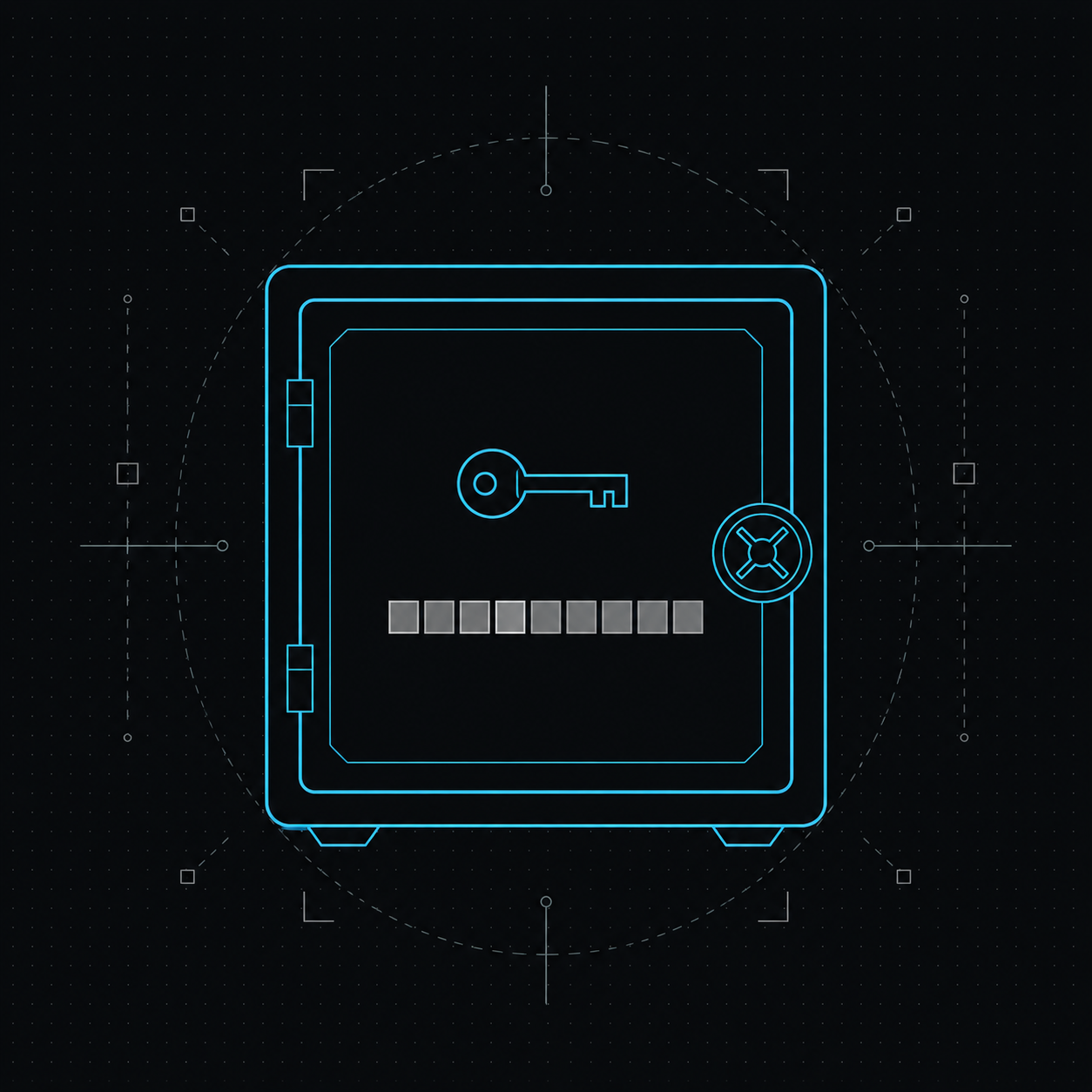 A sealed vault holding a key, the secret value shown as a redacted bar: presence is visible, the value never is.
